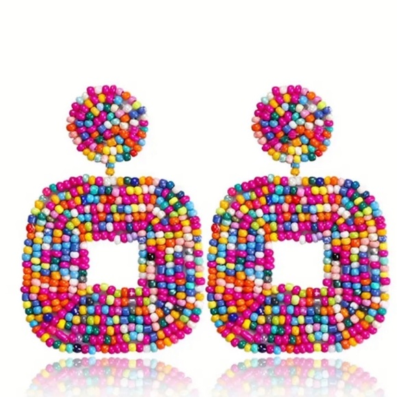 Colourful beaded Boho Statement earrings - stud style drop - Picture 3 of 3